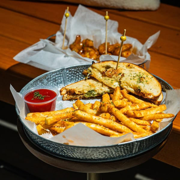Grilled cheese sandwich with fries and ketchup, with chicken wings in the background.