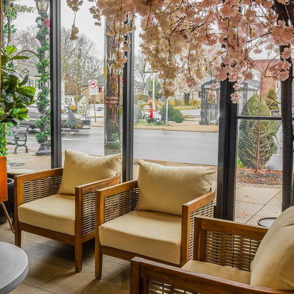 Cozy seating area with wooden chairs and cream cushions, overlooking a street through large windows.