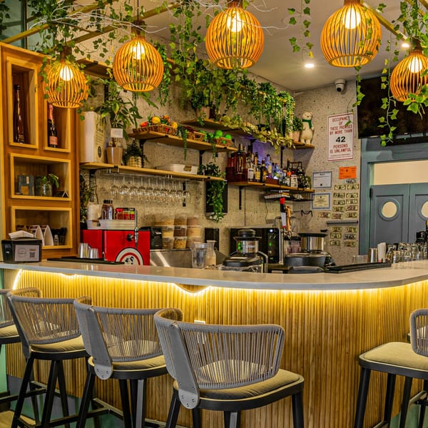 A vibrant juice bar with wooden accents, lush greenery, and modern lighting fixtures.